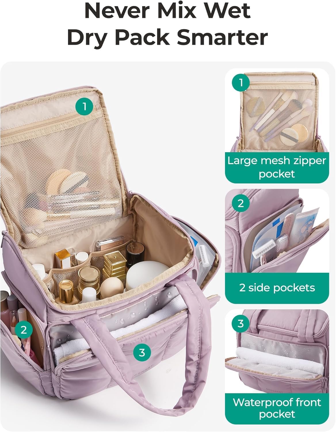 BAGSMART Travel Toiletry Bag for Women with Puffy Water-Resistant Fabric, Roomy Makeup Bag Organizer for Travel-Sized Toiletries & Accessories (Nude Pink)