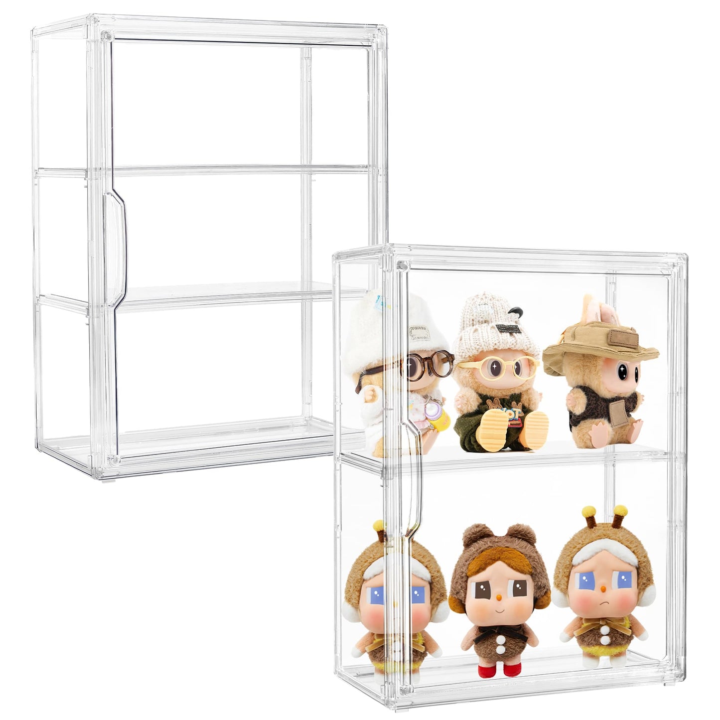 Acrylic Display Case for Collectibles 3 Tier Wall-Mounted Display Case with 2 Movable Plates Clear Display Cases for Figures with Magnetic Door Tall Display Box, 2 Pack