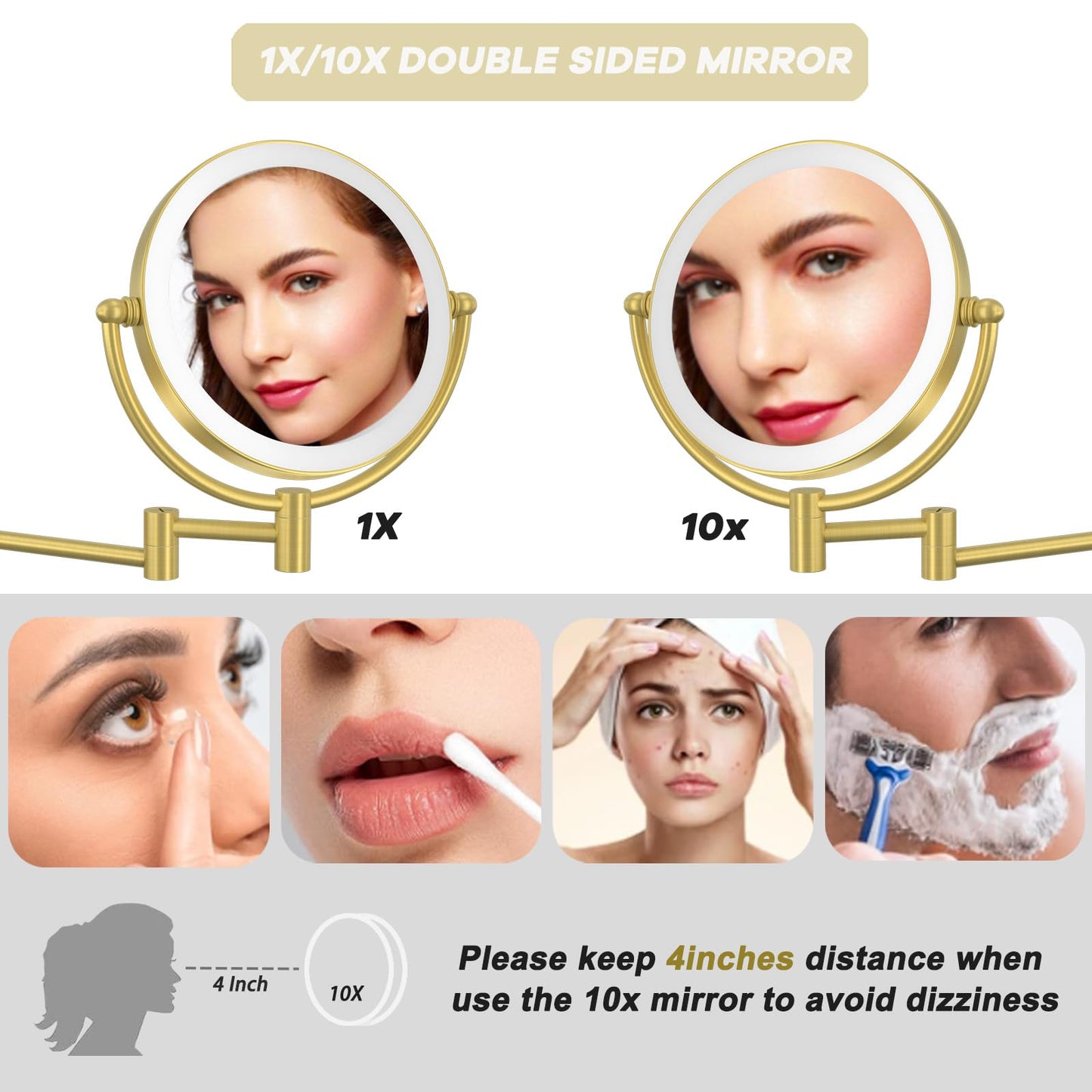 Rechargeable Wall Mounted Lighted Makeup Mirror with Magnification Gold, 8 Inch 1X/10X Magnifying Two Sided Led with Lights, 360 Swivel Extendable Shaving Mirror for Bathroom, Brushed Gold