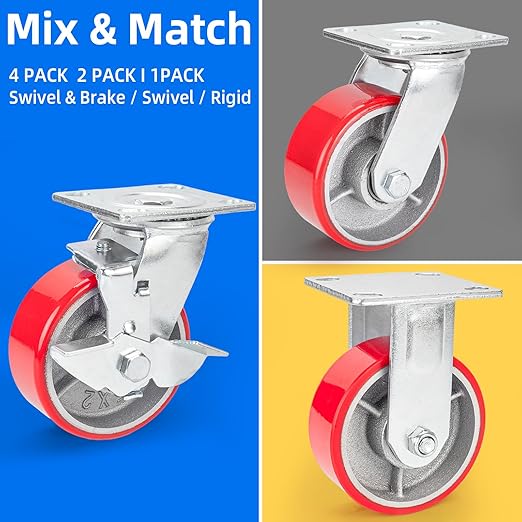 Nefish 5 Inch Industrial Fix Casters, Heavy Duty Plate Caster with No Noise Polyurethane Wheel on Steel Hub, 1000 Lbs Load Capacity Per Rigid Casters for Utility Cart, Dollies (2 Pack)