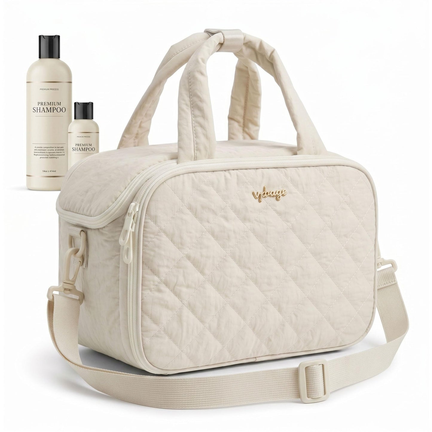 VPBAGE Large Quilted Toiletry Bag for Women, Puffy Travel Makeup Organizer with Removable Divider & Shoulder Strap, Waterproof Standing Cosmetic Case for Full-Size Toiletries, Gym, Vacation