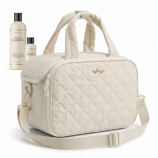 VPBAGE Large Quilted Toiletry Bag for Women, Puffy Travel Makeup Organizer with Removable Divider & Shoulder Strap, Waterproof Standing Cosmetic Case for Full-Size Toiletries, Gym, Vacation