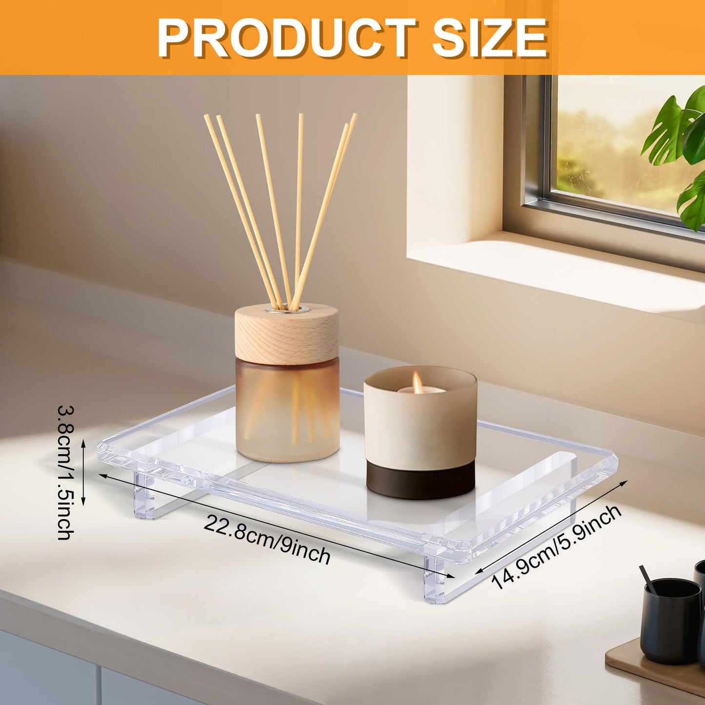 Acrylic soap Dish Tray for Bathroom Counter and Kitchen - Waterproof Countertop Organizer for Soap Dish, Vanity, Plants, Candles (1, Large-9 x 5.9 x 1.5 inch)