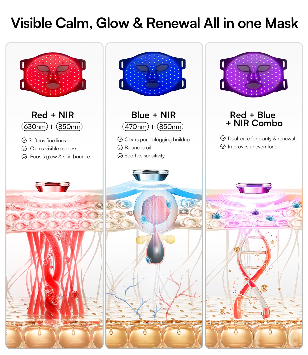 INIA Red Light Therapy Mask for Face, 850nm NIR, Red/Blue LED Light 4 Modes