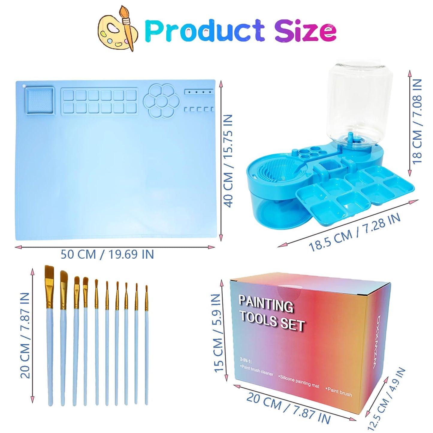 Painting Station, Paint Brush Cleaner (Upgraded) and Silicone Painting Mat 20"X16" with 10 Paint Brushes, Leak Proof Paint Brush Rinser, Gift for Adults Artist Beginners