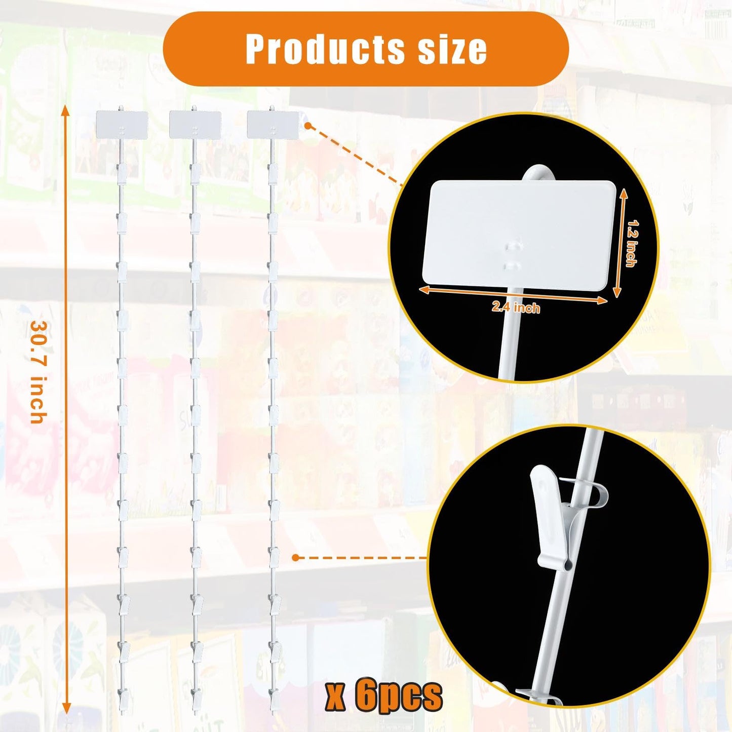 Tandefio 6 Pack Metal Merchandising Hanging Strips with Hooks,Potato Chip Rack Display Stand with Label Header and 12 Clips for Concession Home Theatre Pantry Organization (White)