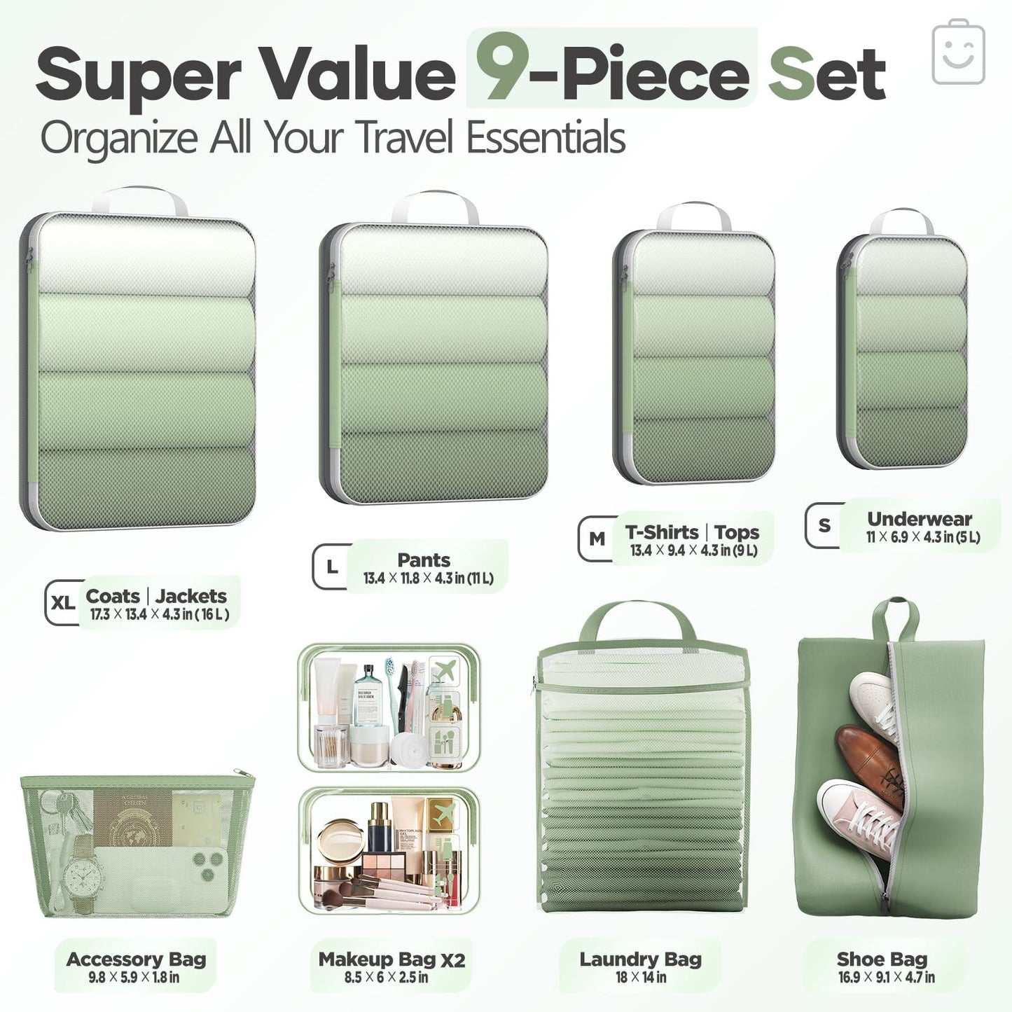 Veken 9/11 Set Compression Packing Cubes for Travel Essentials,Compressible Expandable Luggage Suitcase Organizer Bags for Clothing,Space Saver Bags with Over 1000 pcs of Mesh Holes(Matcha Green)
