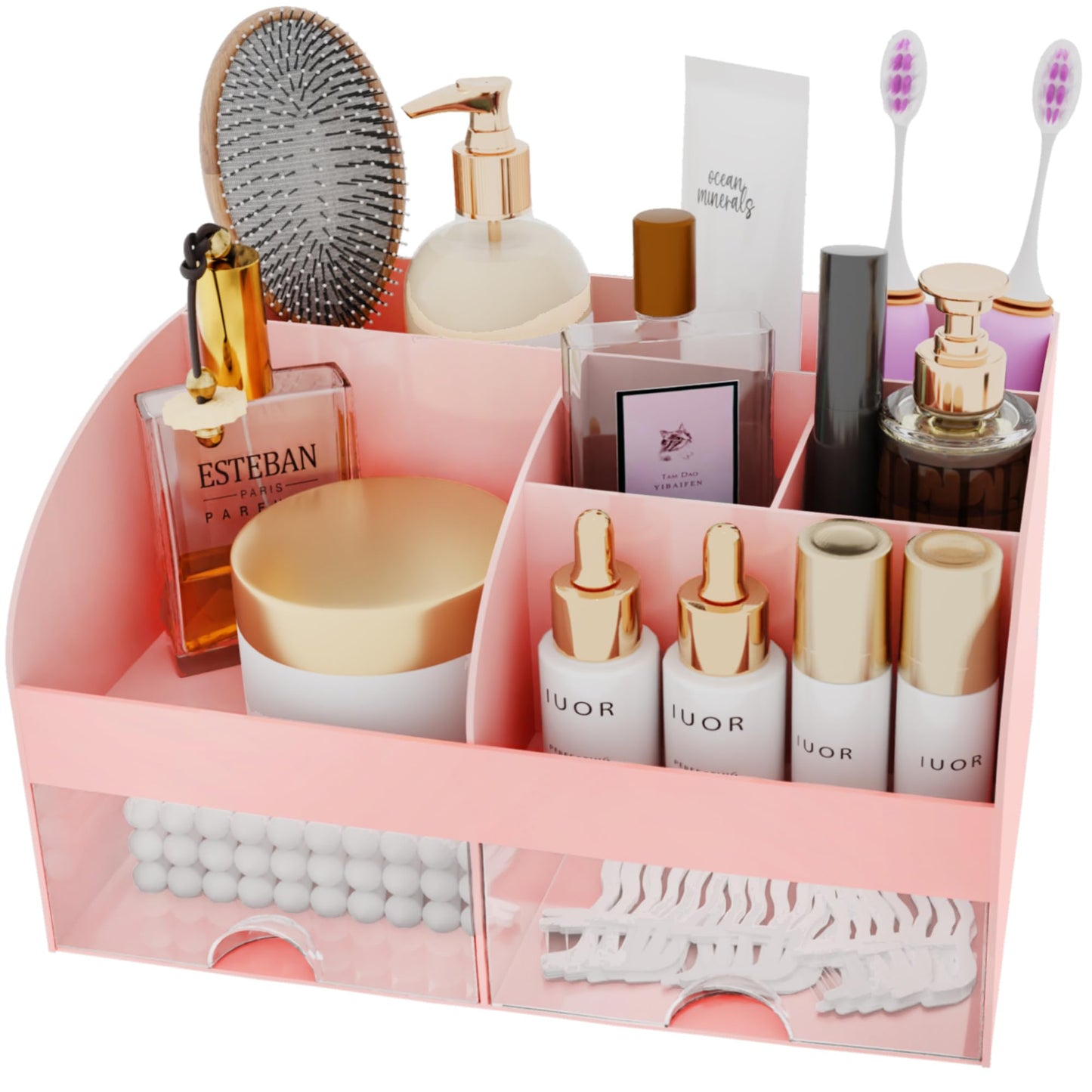 Makeup Organizer with Drawers, Cosmetic Storage for Dresser Vanity and Bathroom Countertop, Beauty Holder for Lipstick Brush, Skincare Organizer for Vanity, Cosmetic Display Case (Pink)