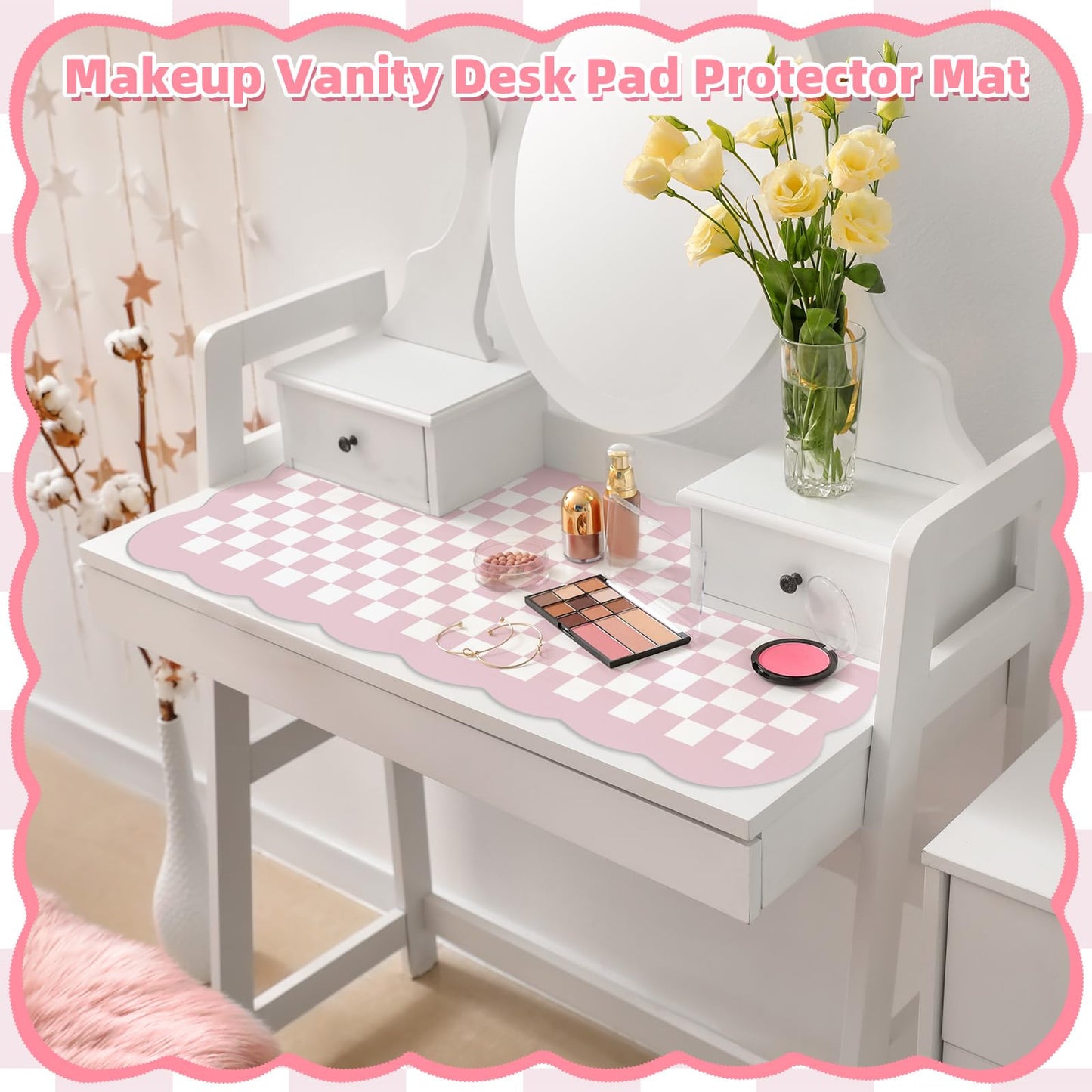 Nuanchu Pink Checkered Make up Mat, Pastel Vanity Makeup Pad Dual Sided Make up Mat for Vanity Easy to Clean Makeup Pad Waterproof and Oilproof(Scalloped)