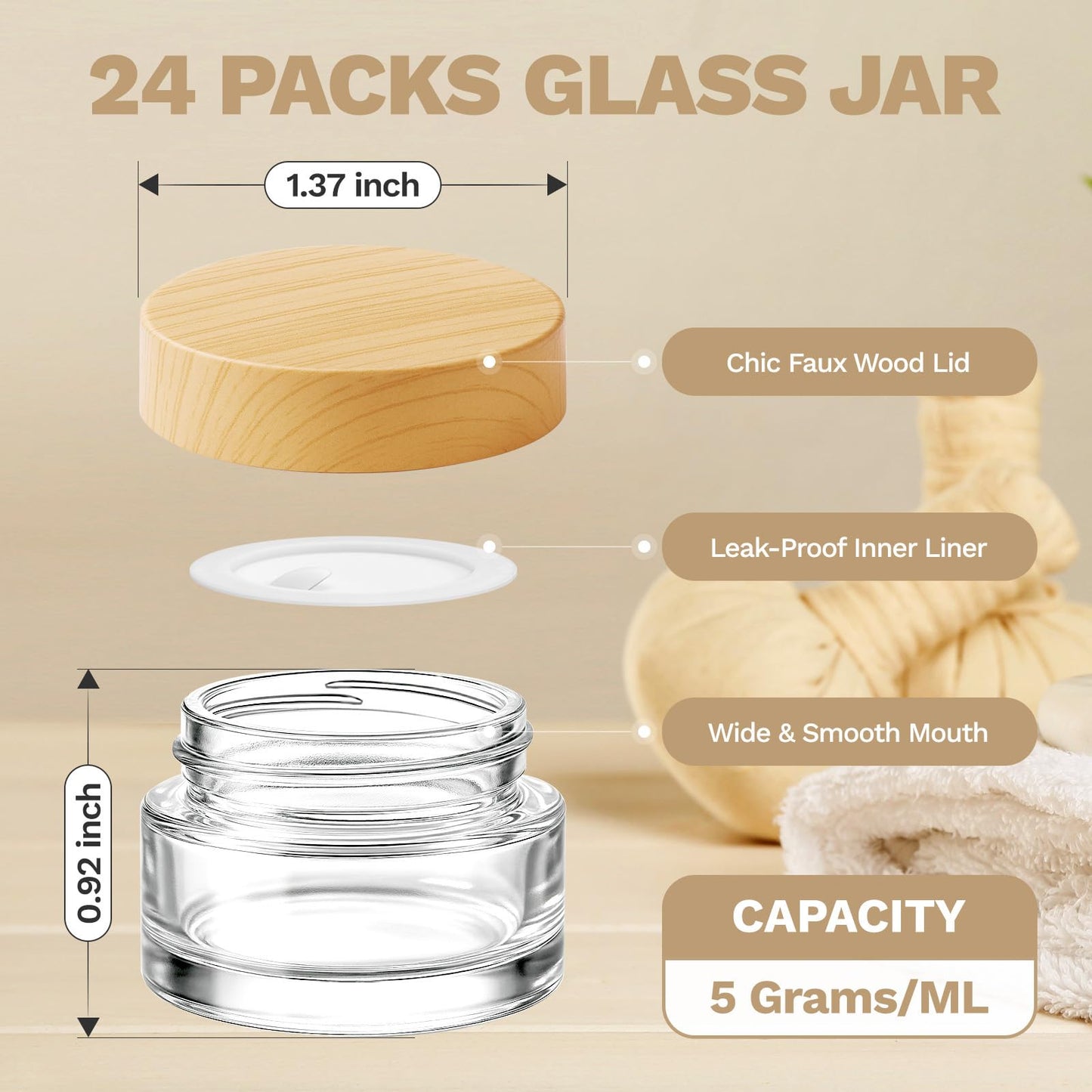 Bumobum 24 Pcs 5 Grams Glass Cosmetic Jars with Plastic Wood-Grain Lids, 5 ml Lip Balm Containers Empty Tiny Sample Jars for Lip Scrub Makeup Eye Cream Travel
