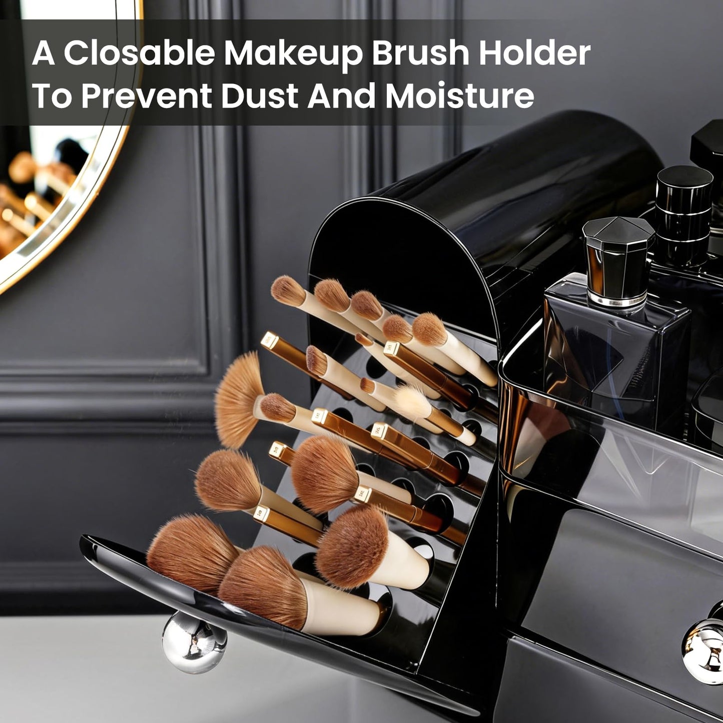 TRQWRO Makeup Organizer,Vanity Organizer with Makeup Brush Holder,Large Skincare Organizers with Drawers,Bathroom Countertop Organizer,Storage Lipstick,Perfume,Nail Polish,Beauty,Gifts for Woman