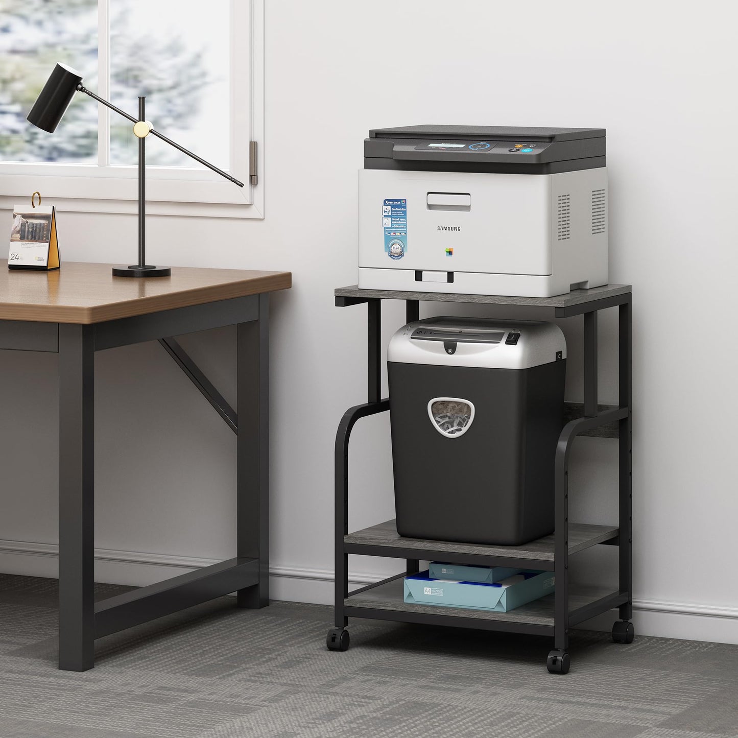 Fannova Printer Stand with Height Adjustable Storage Shelf, 3 Tier Mobile Printer Table with Wheels, Rolling Printer Cart for Home Office Organization, Gray