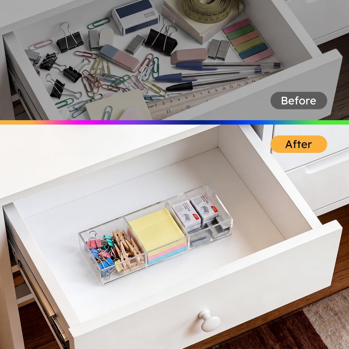 HIIMIEI 3 Section Clear Acrylic Drawer Organizer Tray, Office & Makeup Drawer Organizer (11.8x4.3 inch)