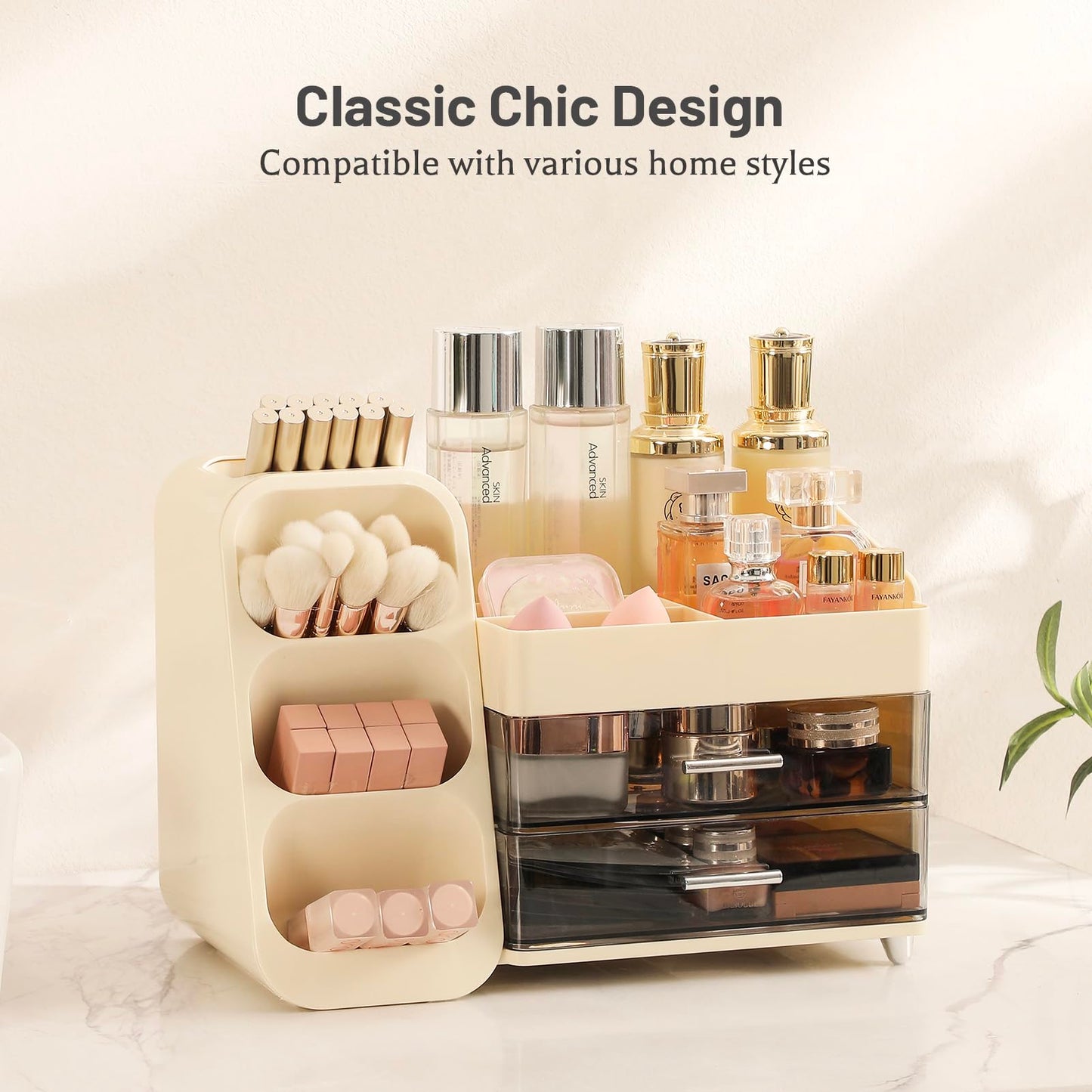 Aveniee Makeup Organizer with Drawers, Large Bathroom Countertop Storage for Vanity, Cosmetic & Skincare Display Case for Brushes, Perfumes, Lipsticks (Cream White)