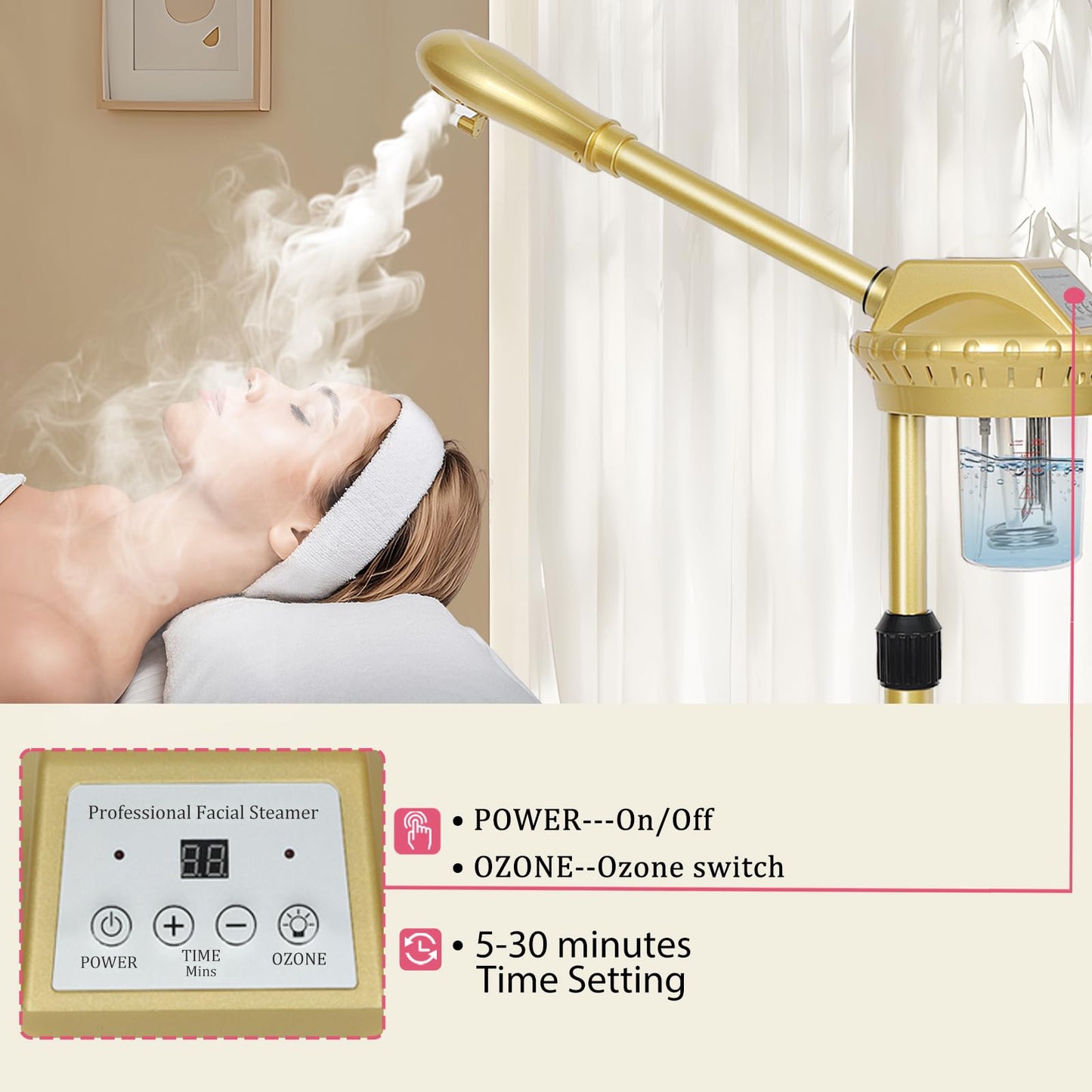 Professional Facial Steamer on Wheels,Gold Ozone Steamer for Face with 30-Minutes Timer,Spa Face Steamer for Deep Facial Cleansing