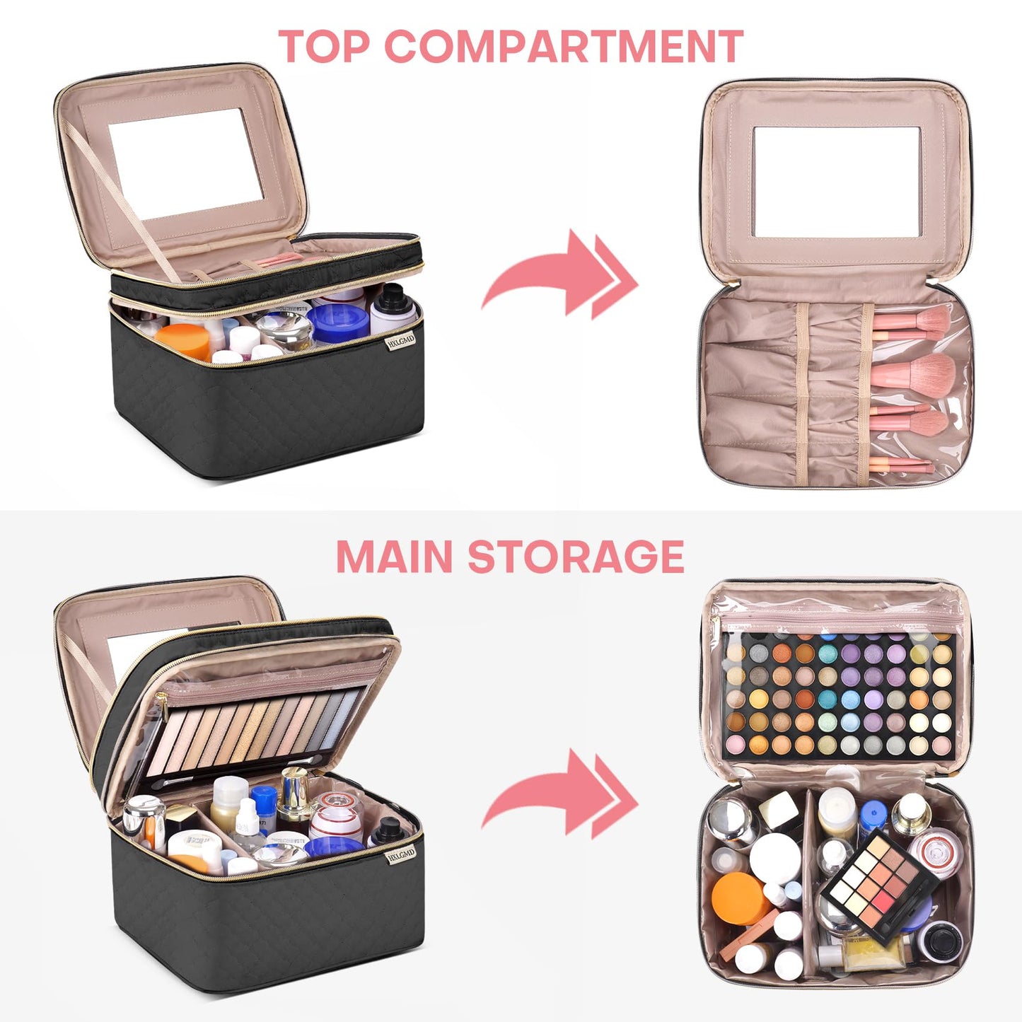HXLGMD Large Makeup Bag with Mirror Double Layer Travel Make Up Organizer Case, Large Capacity Coemetic Bag with Brush Slot Divider