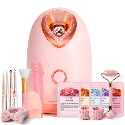 Pjordo Facial Steamer Spa Kit with 17 Skin Care Tools, Nano Ionic Face Steamer for Deep Cleaning Unclogs Pores, Warm Mist Humidifier Steamer for Face Home Sauna SPA, Self Care Gifts for Women