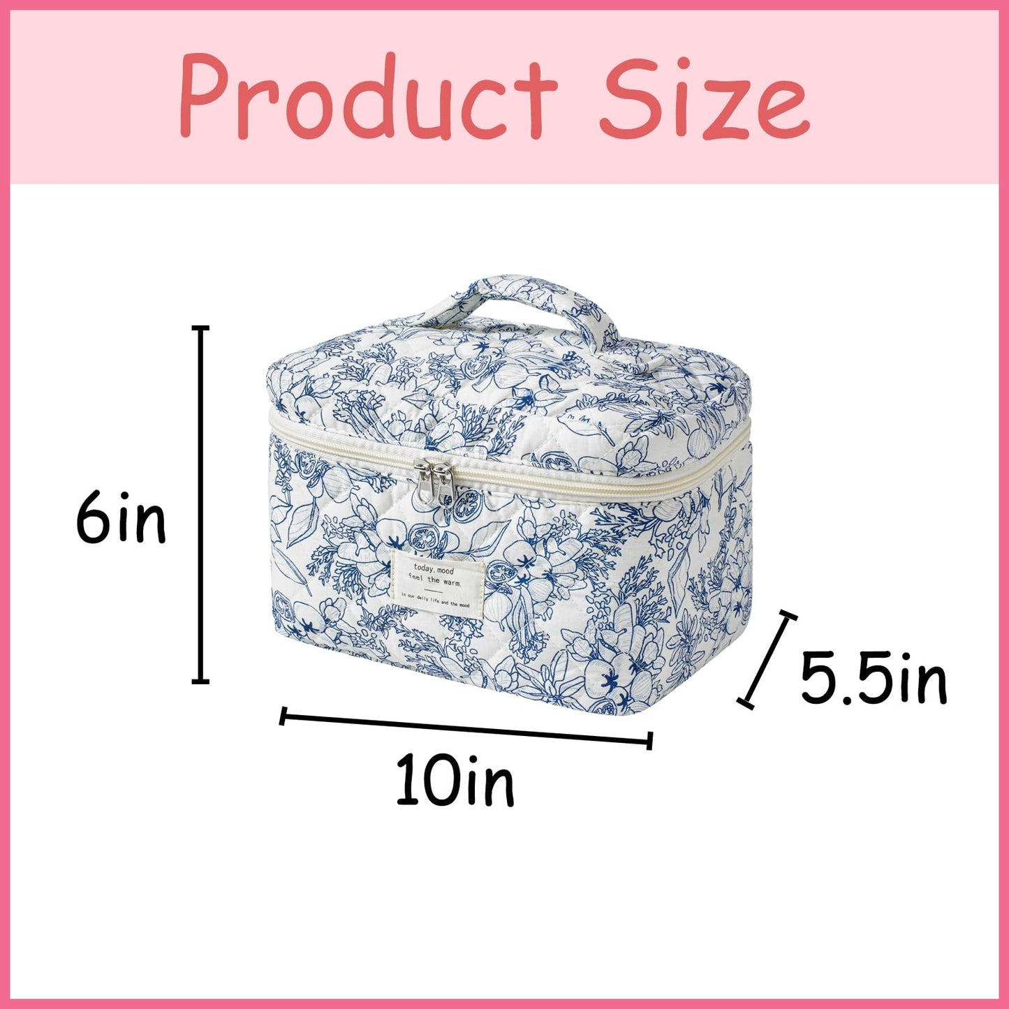 uekeboag Large Travel Quilted Makeup Bag for Women, Floral Cotton Cosmetic Bag, Coquette Aesthetic Floral Toiletry Organizer Bag(Navyblue-Flower