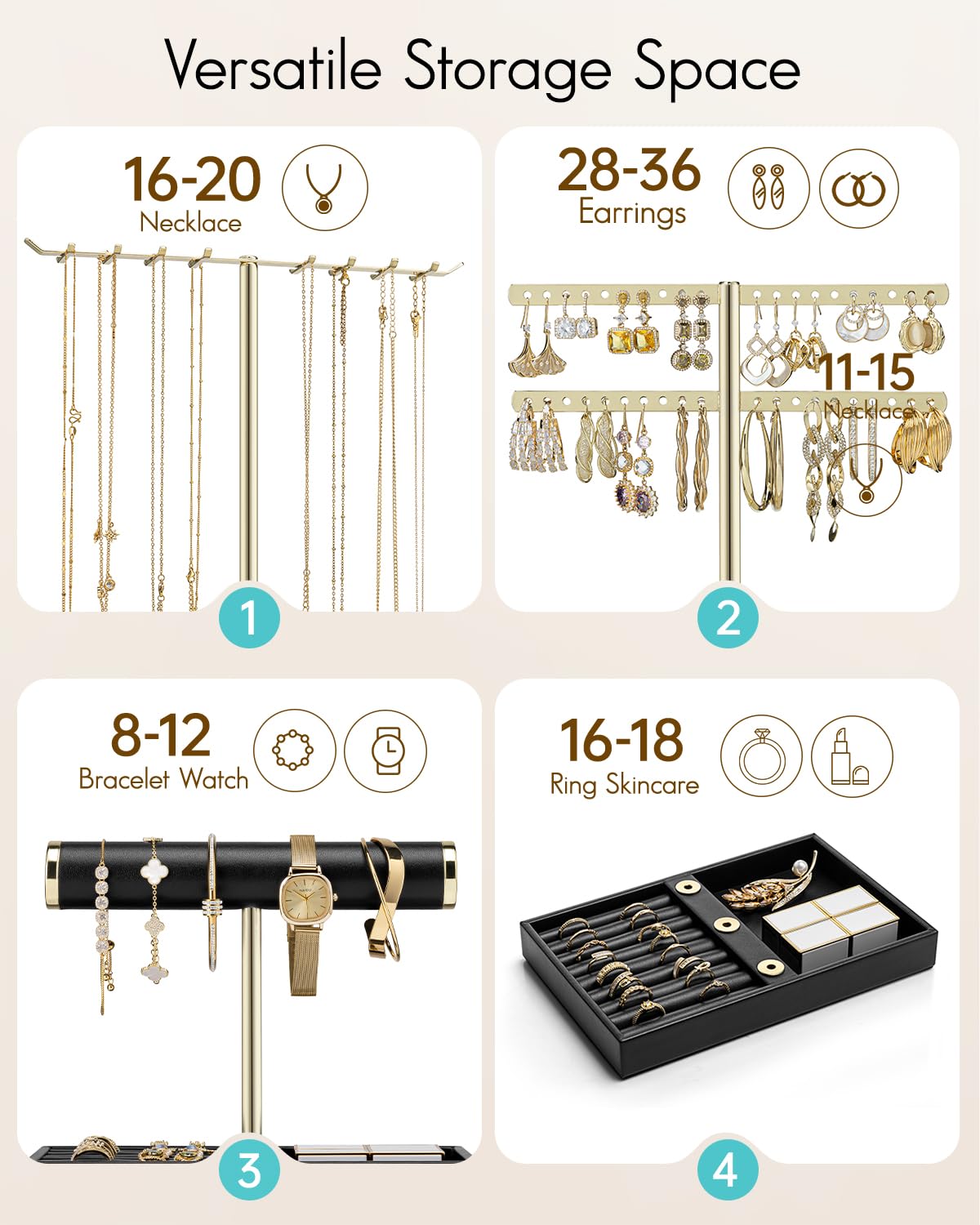 VLANDO 3 Tier Jewelry Stand Organizer with Tary, Leather Jewelry Holder Display for Women, Gold Jewlery Holder Display for Necklace, Earring, Bracelet, Rings - Black