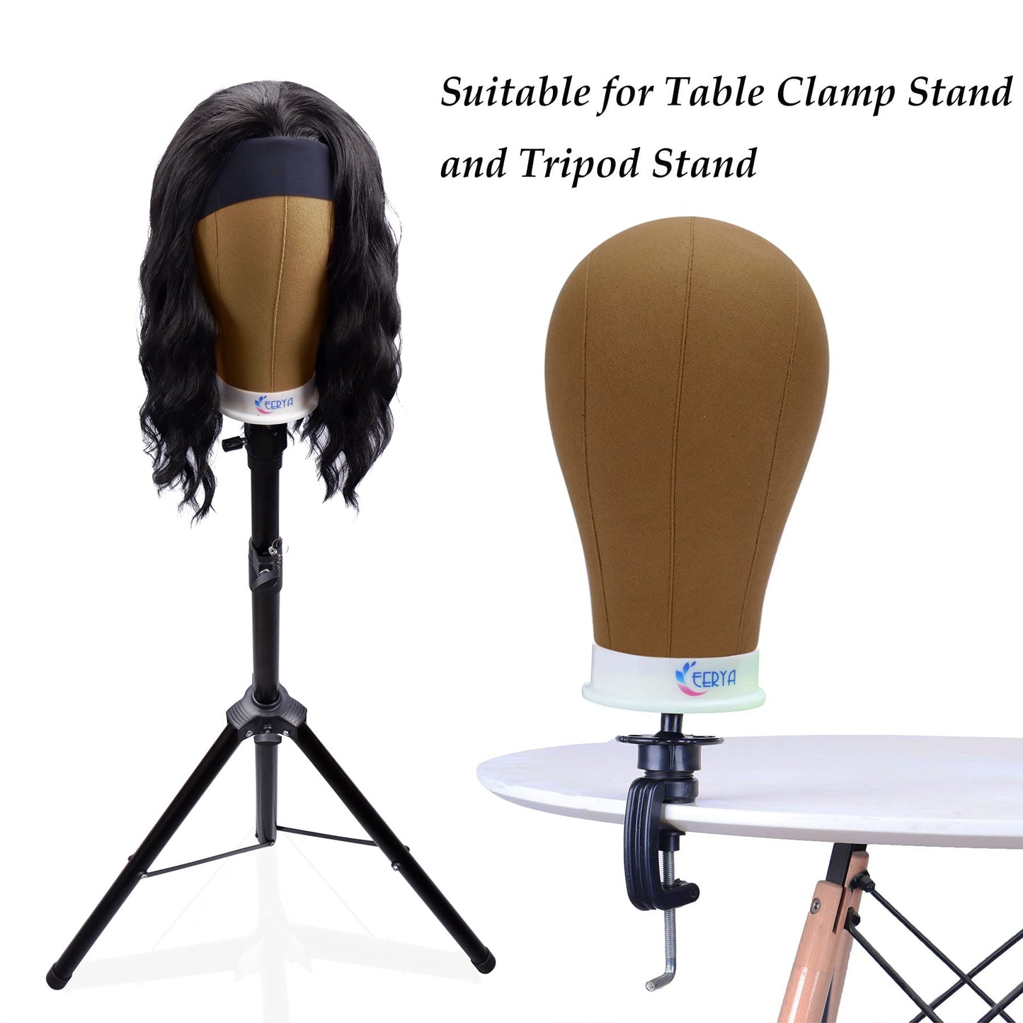 EERYA Wig Head Canvas Block Head 23 Inch Wig Head Stand for Making Wig Display Styling Brown Poly Canvas Block Wig Head with Stand Mannequin Head with Mount Hole Manikin Head (23 Inch,Brown)