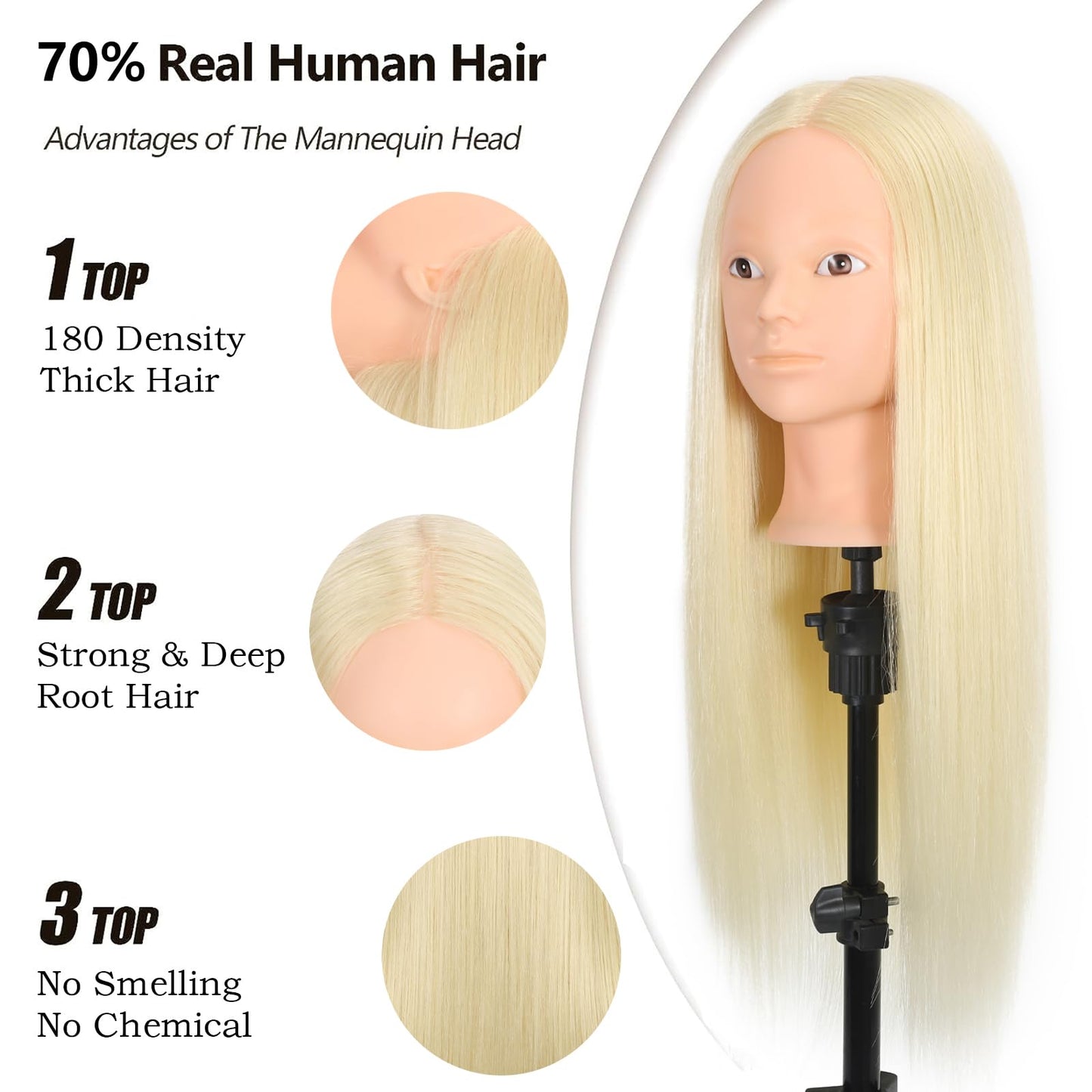ZOMOI Mannequin Head 70% Real Hair Cosmetology Mannequin Doll Head for Makeup Practice(No Makeup 613#)