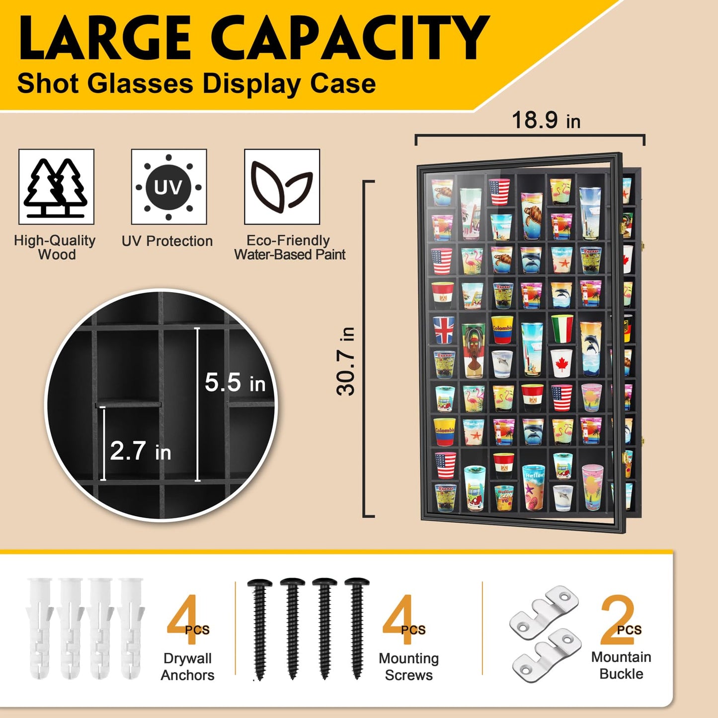 Black Shot Glass Display Case Large 61 Slots Glass Display