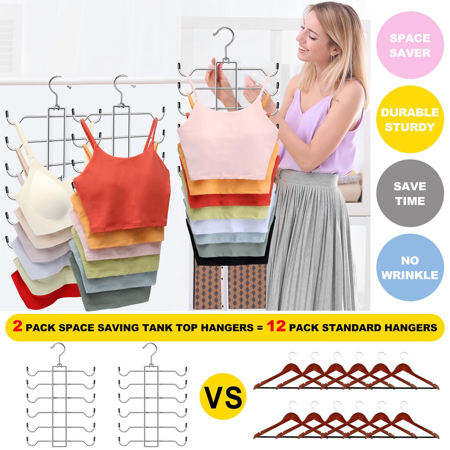 Metal Tank Top Hanger 2 Pack, Space Saving Bra Organizer with 24 Easy Access Hooks, 360° Swivel Closet Organizers and Storage, Apartment College Dorm Room Essentials, Small Space Organization Solution