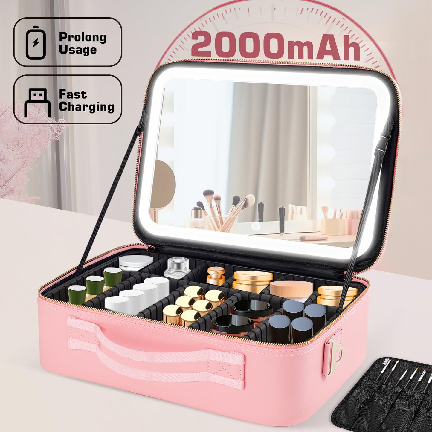 15''X11'' Large Capacity Makeup Bag with LED Mirror, Professional Makeup Case Organizer with 3 Color Light Adjustable Brightness, Travel Make up Cosmetic Case with Detachable Dividers & Shoulder Strap