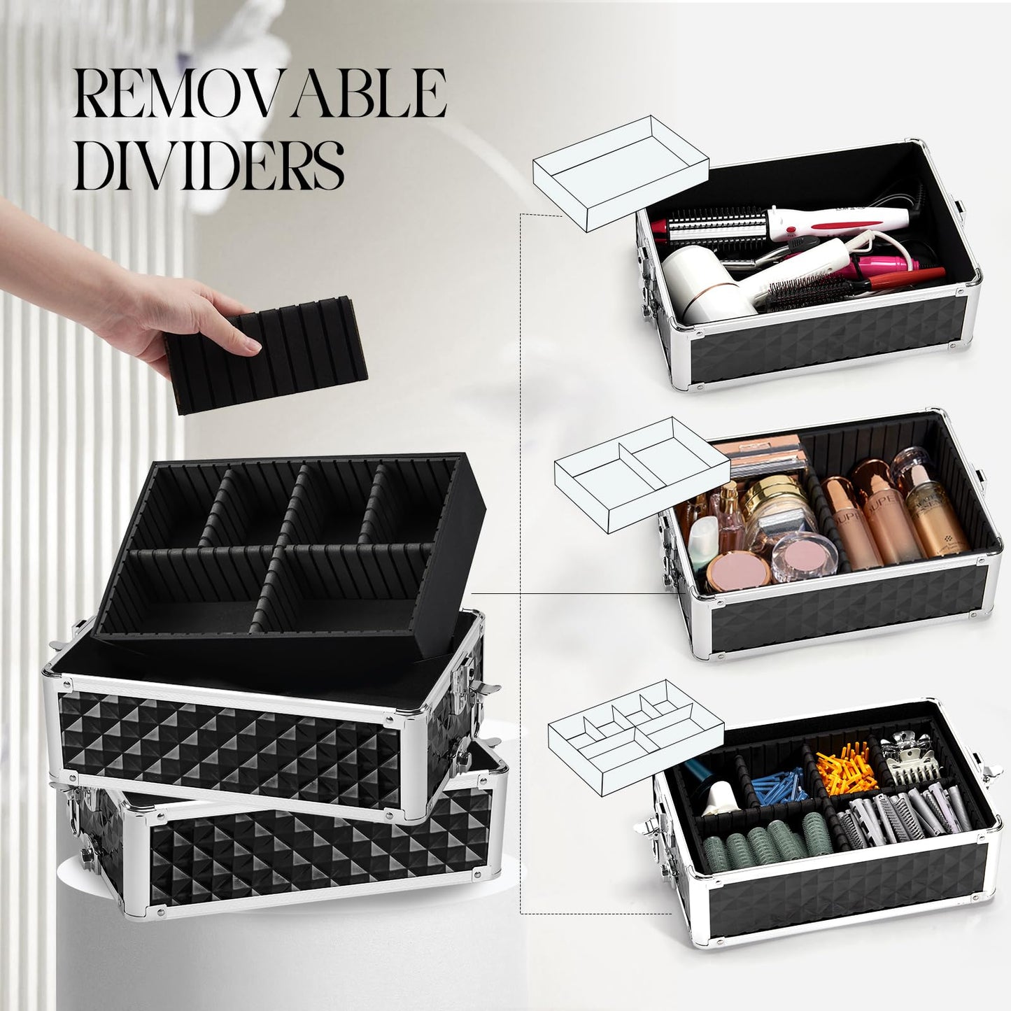 Yueieoun Rolling Makeup Train Case, 4-in-1 Cosmetology Case on Wheels, Nail Tech Cart for Travel, Professional Cosmetic Vanity Case, Suitcase for MUA/Manicure/Tattoo/Style, Lockable Storage Box, Black