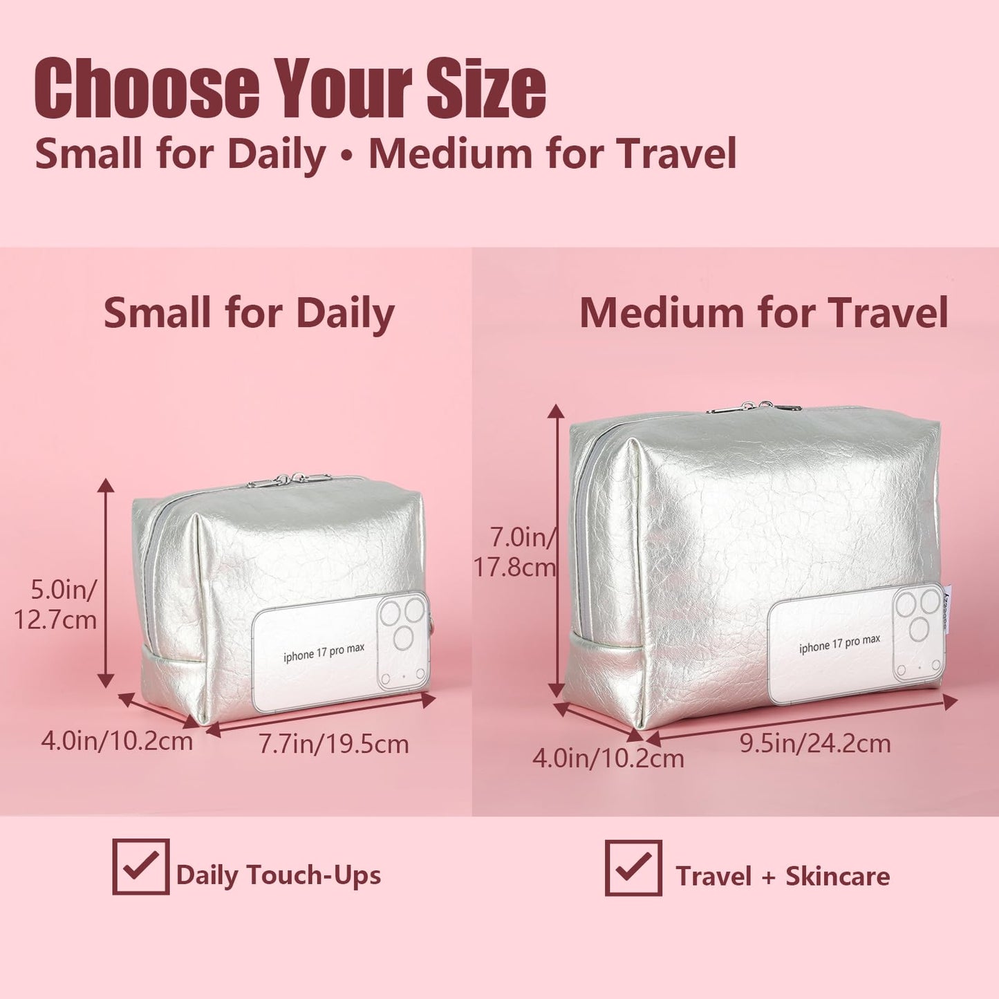 Babeezy Insulated Makeup Bag with 2 Reusable Ice Packs Heat-Resistant Cosmetic Travel Pouch, Silver Vegan Leather Organizer with Water-Resistant Double Zipper & Wrist Strap(Small: 7.5 x 4.0 x 5.0 in)