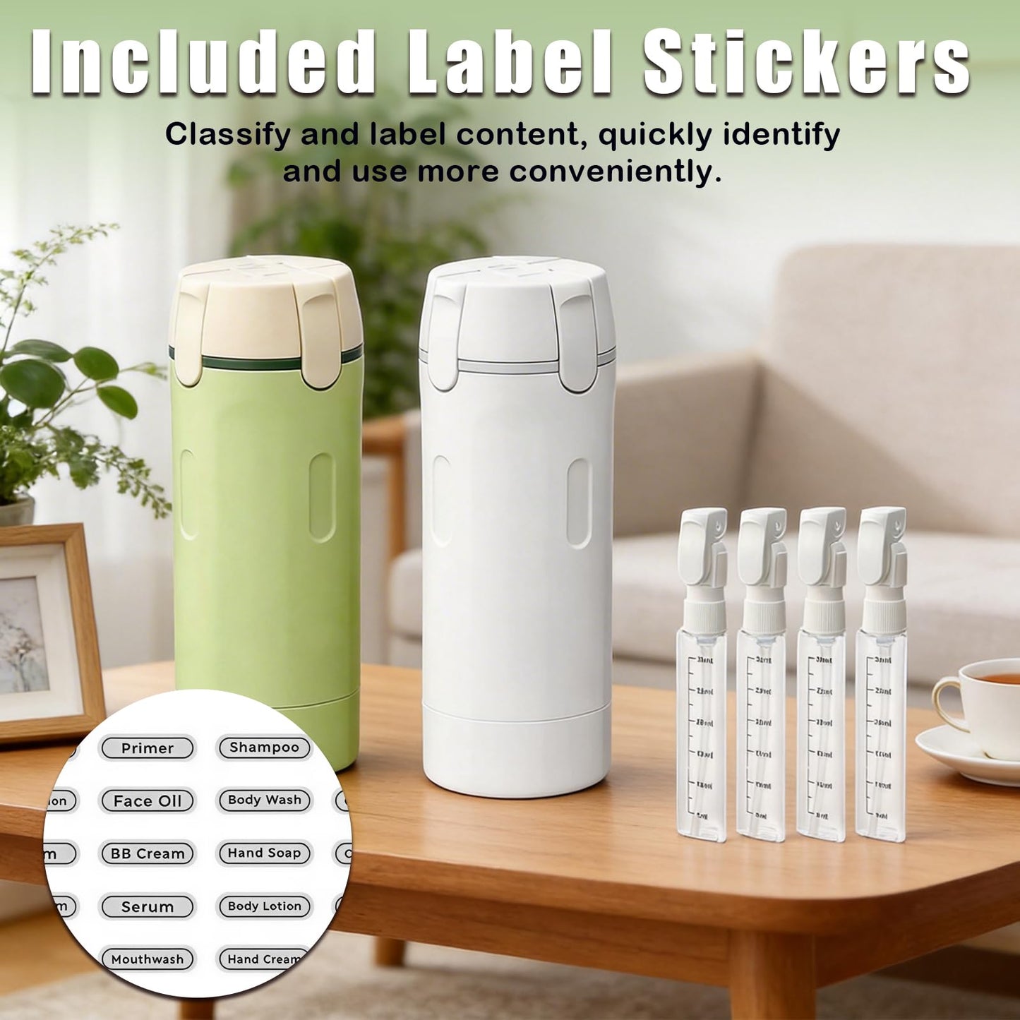 2 PCS 4 in 1 Travel Dispenser Bottle for Toiletries, Shampoo Lotion, Portable Refillable 4 in 1 Travel Bottle with Scale & Label, Leak Proof for Gym, Camping, Business Trips & Vacation (Green, White)