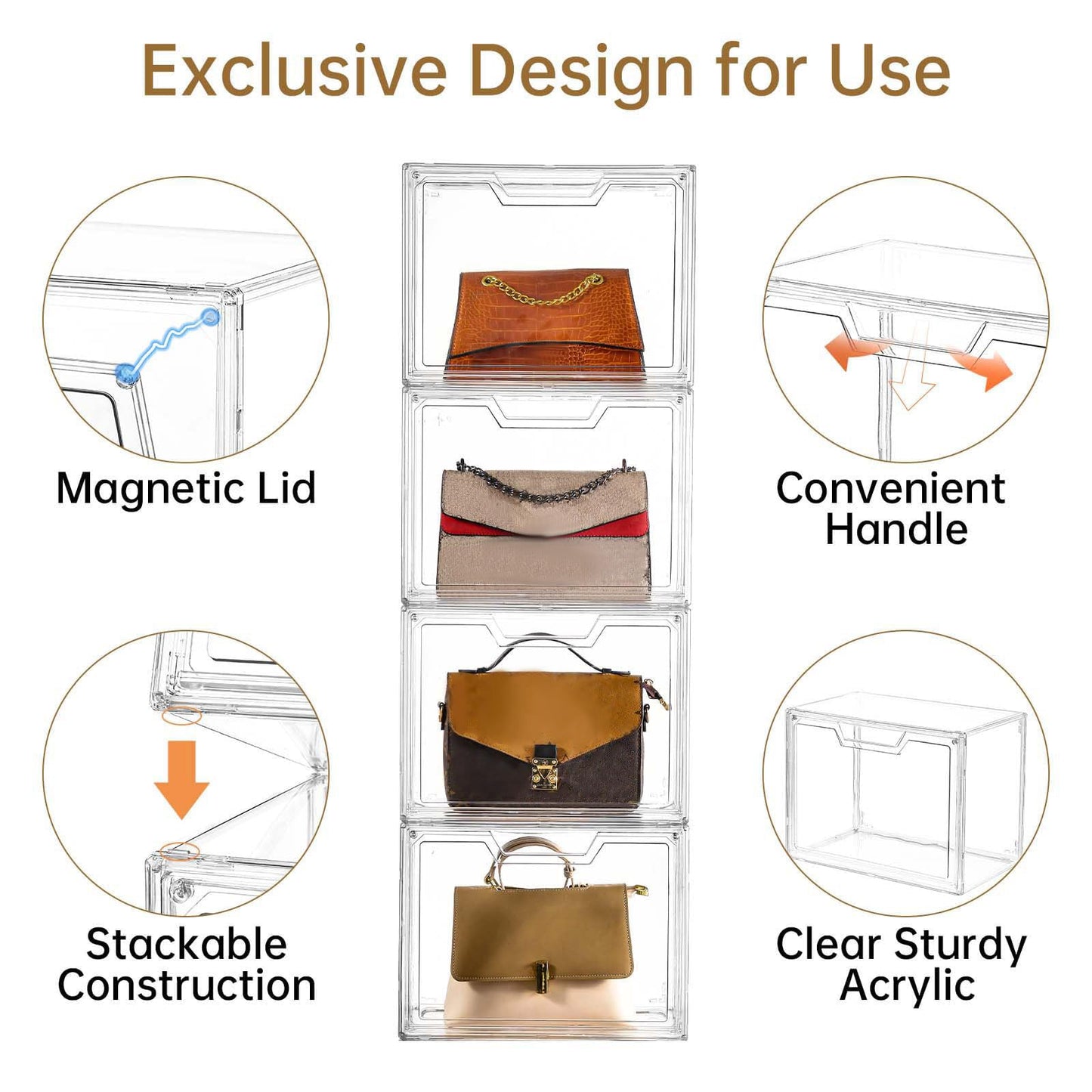 Stackable Purse Organizer for Closet, 5 Pack Clear Acrylic Display Case