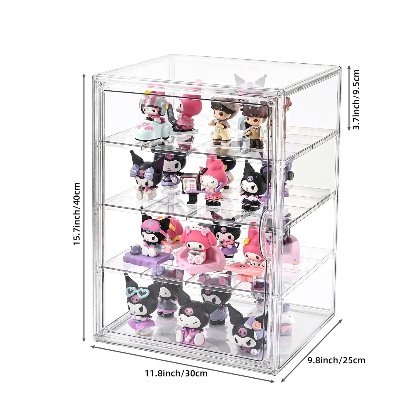 4 Tier Display Case for Collectibles,Clear Display Box with 3 Movable Plates ,Storage Container with Magnetic Door