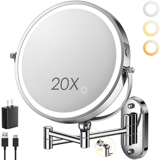 ZLOKLA 9" Wall Mounted Lighted Makeup Mirror,4000mAh Rechargeable Double Sided 1X/20X Magnifying Mirror with Light,Touch Dimmable,Extended Arm 360 Rotation Wall Mounted Makeup Mirror 3 Color Lights