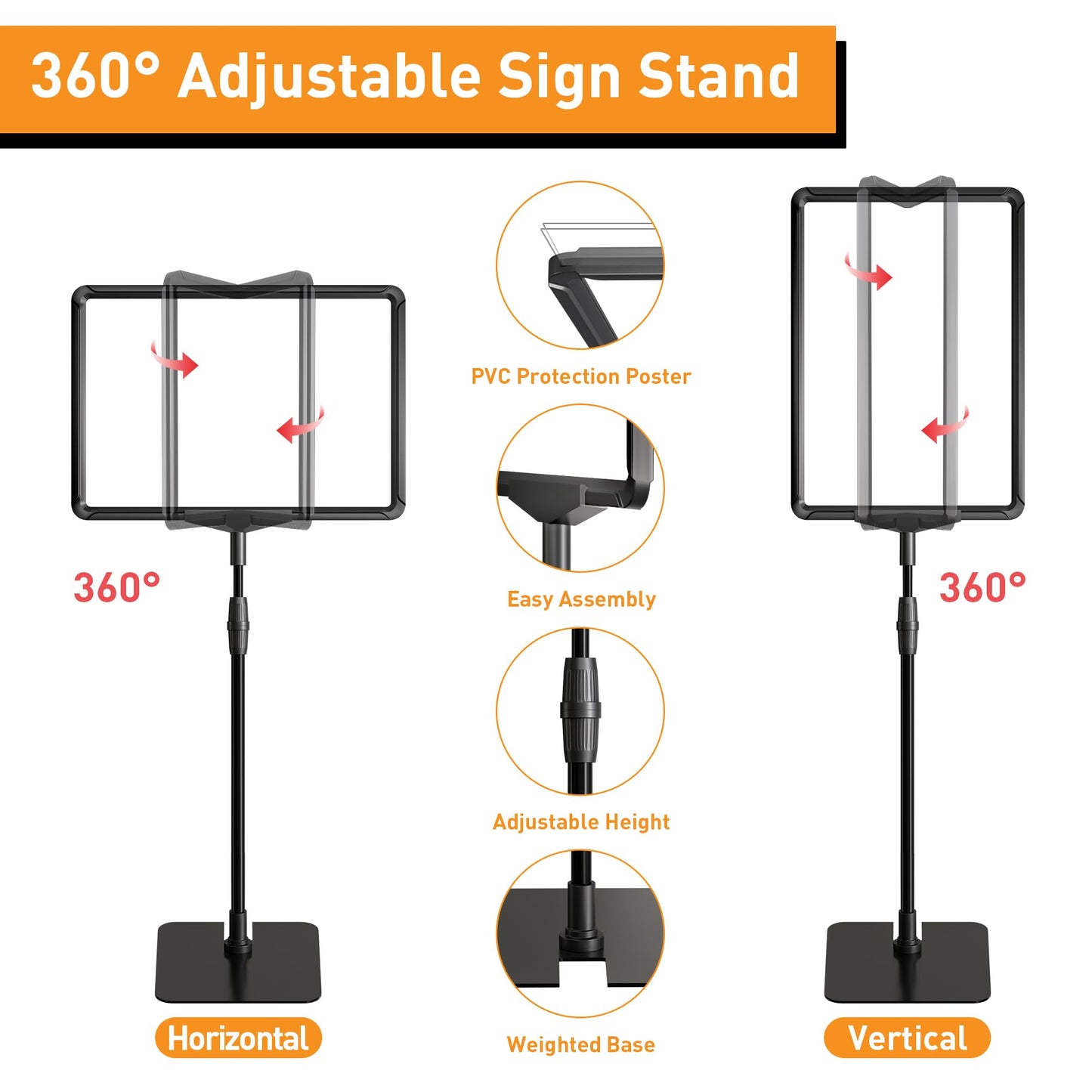 RANDUN Sign Holder Stand 8.5x11 inch Sign Stand for Display Tabletop Advertising - Poster Sign Stands Adjustable Floor Standing Sign Holder Signage Stand - Menu Holder Stand 2 Pack