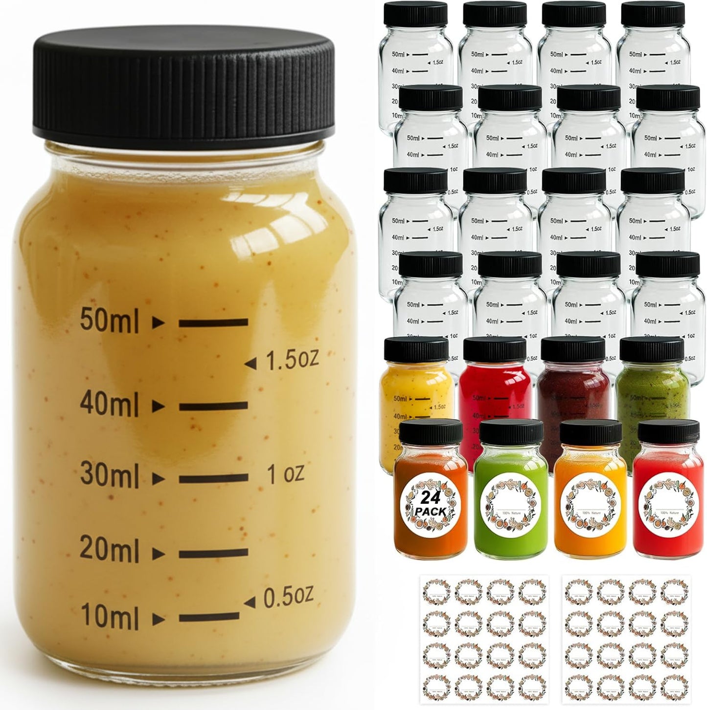 WERTIOO 24 Pack 2oz Glass Jars with Lids - Glass Shot Bottles Set for Liquids, Juicing, Ginger Shot, Sample - Small Containers with Screw Caps - Clear Mini Round Bottles - Leakproof/Wide Mouth