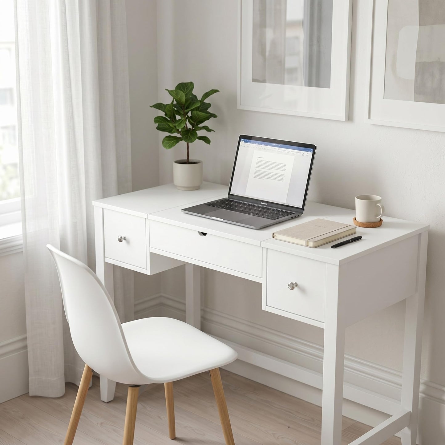 Hives and Honey Harley Vanity Desk – Large Mirror, Storage Drawers, Compact Makeup Table or Workstation, Transitional Style, White Finish