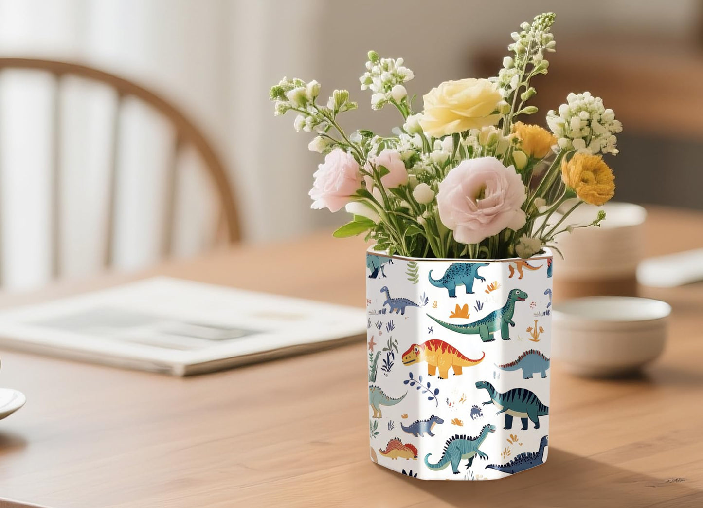 WAVEYU Cute Pen Holder, Pencil Cup for Desk, Desk Organizer, Durable Ceramic Decorative Makeup Brush Desktop Accessories, Stylish Stationery for Office, Home, Cute Dinosaur Pattern