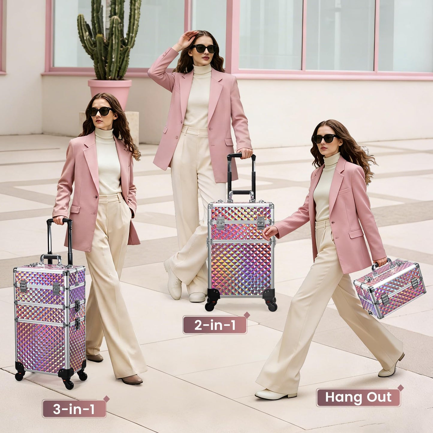 FRENESSA 3 in 1 Rolling Makeup Train Case Cosmetology Case on Wheels Pink