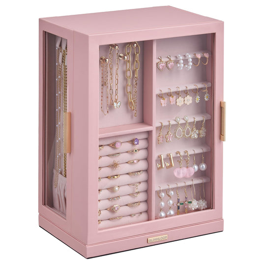Glimmloop 360° Rotating Jewelry Box with 7 Drawers, Spacious Vertical Jewelry Organizer with Glass Window, Jewelry Storage Case, Dustproof & Moisture-resistant Design, Pink