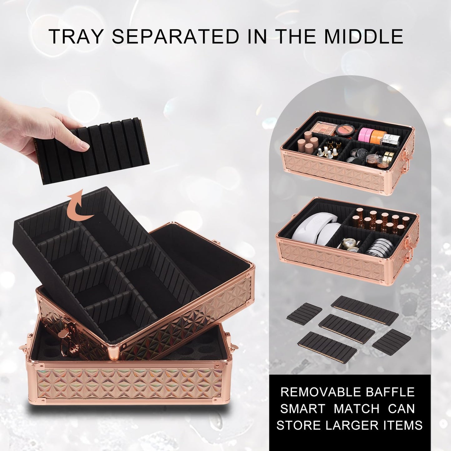 Yujesyde Rolling Makeup Train Case 6 in 1 with Mirror & Lock, Professional Makeup Travel Case, Large Cosmetic Organizer for Cosmetologists & Nails, Bonus 4 Replacement Wheels (6, Gold Holographic)