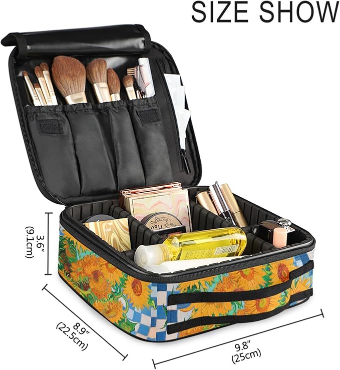 MNSRUU Travel Makeup Bag, Sunflower Blue and White Plaid Women Makeup Case Organizer Cosmetic Toiletry Bag for Teenage Girl with Adjustable Dividers