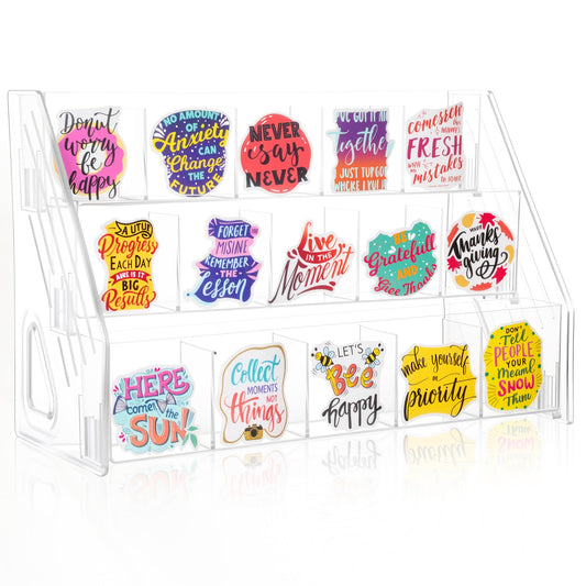 TrendTrust Acrylic Sticker Display Stand with Divided Pockets, Portable Bookmark Holder Tiered Display Stand, Clear Desk Organizer for Home, Retail or Craft Fair Use(15 Pockets, 3 Tier)