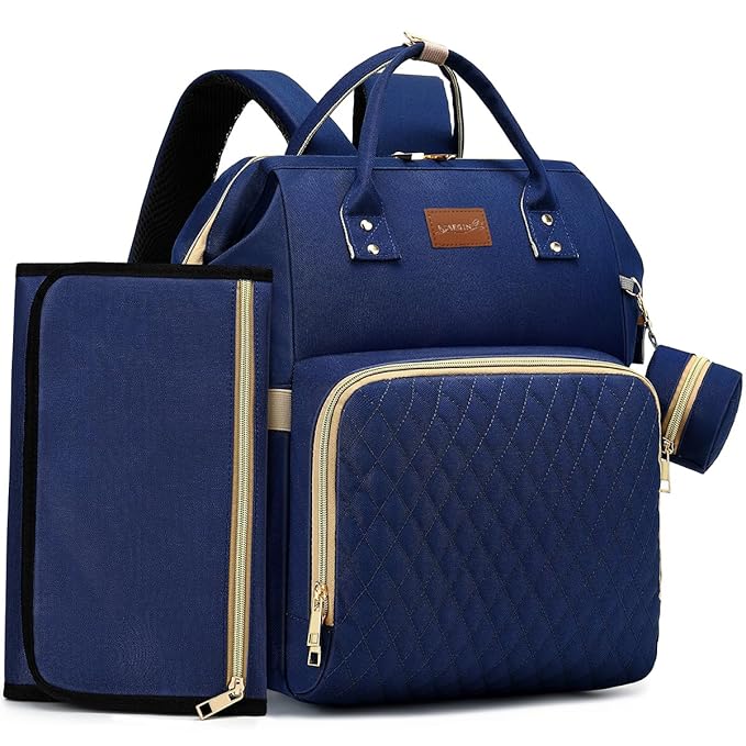 Diaper Bag Backpack with Changing Pad, Pacifier Case, Baby Bag for Boy Girl Toddler - Large, Stylish, Waterproof Travel Quilted Diaper Bag for Mom - Baby Shower - Navy Blue