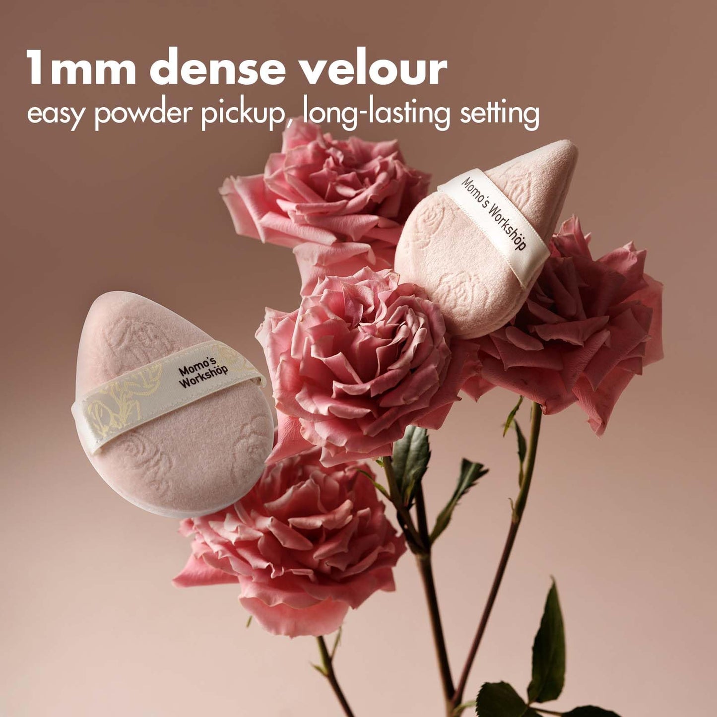 Momo's Workshop Rosy Reverie Trio Makeup Brush and Sponge Set–Pink & White 3-Piece Kit for Foundation and Powder& Fish Tail Brush, Flat Blending Sponge & Velour Powder Puff for a Flawless Finish