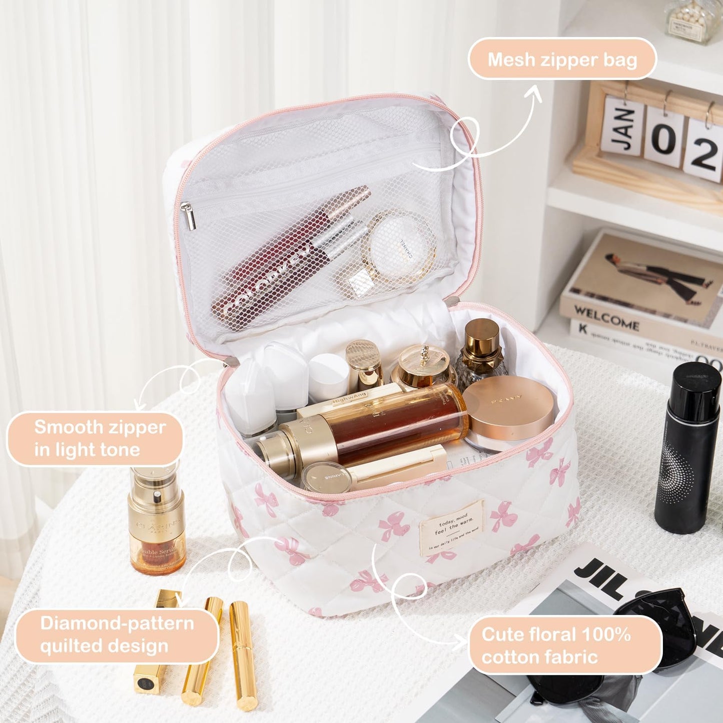 UUYUUY Makeup Bag for Women 3PCS Quilted Cotton Make Up Bag Travel Cosmetic Bag Large Makeup Bag Set Cute Bow Makeups Purse Organizer Floral Toiletry Pouch
