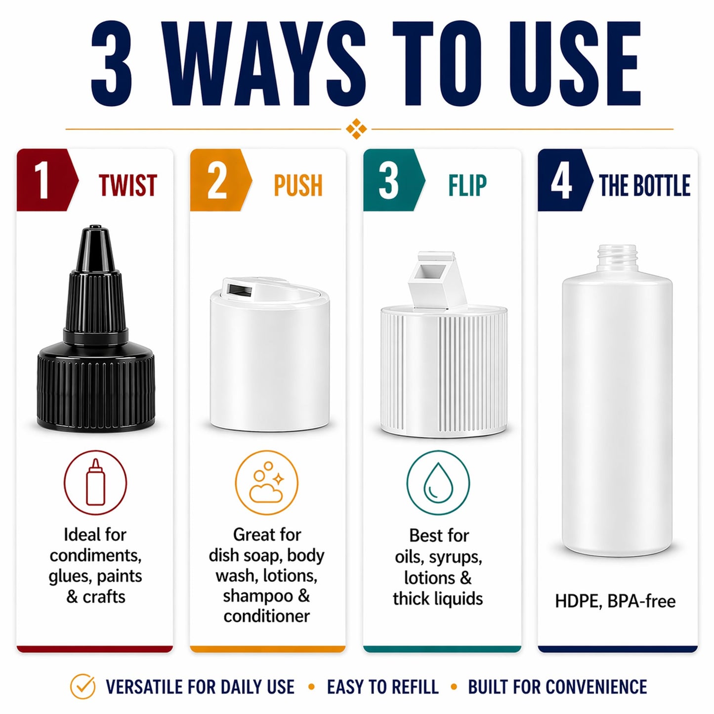 Bar5F 33.8oz 3-Pack Large HDPE Plastic Bottles with 9 Caps in 3 Styles | Pump, Squeeze, Squirt | Shampoo, Conditioner, Condiments, Ketchup, Bleach, Cleaners, Alcohol, Food Safe | BPA-Free, 1 Liter