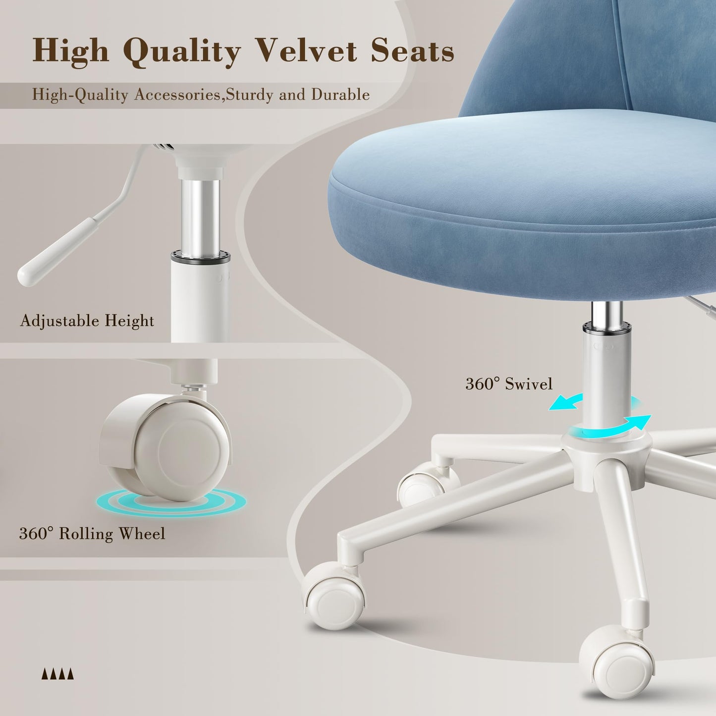 EnHomee Velvet Vanity Chair with Wheels, Armless, Height Adjustable, Blue