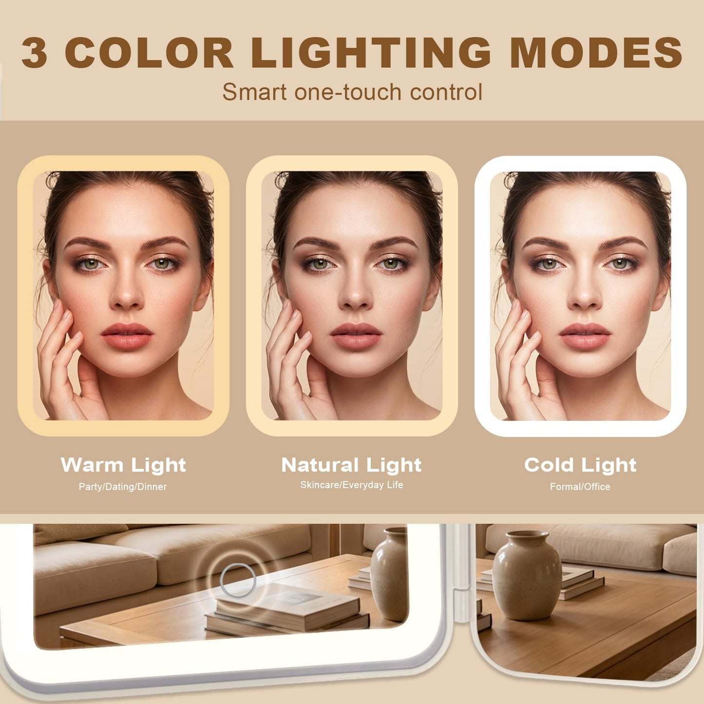 Hoxutym Makeup Mirror with Lights, 3000mAh 3X/2X/1X Magnification Vanity Mirror with Suction&Stand Base, 360° Adjustment Rechargeable Trifold Mirror for Travel/Bedroom/Dorm, Gifts for Women, Girls