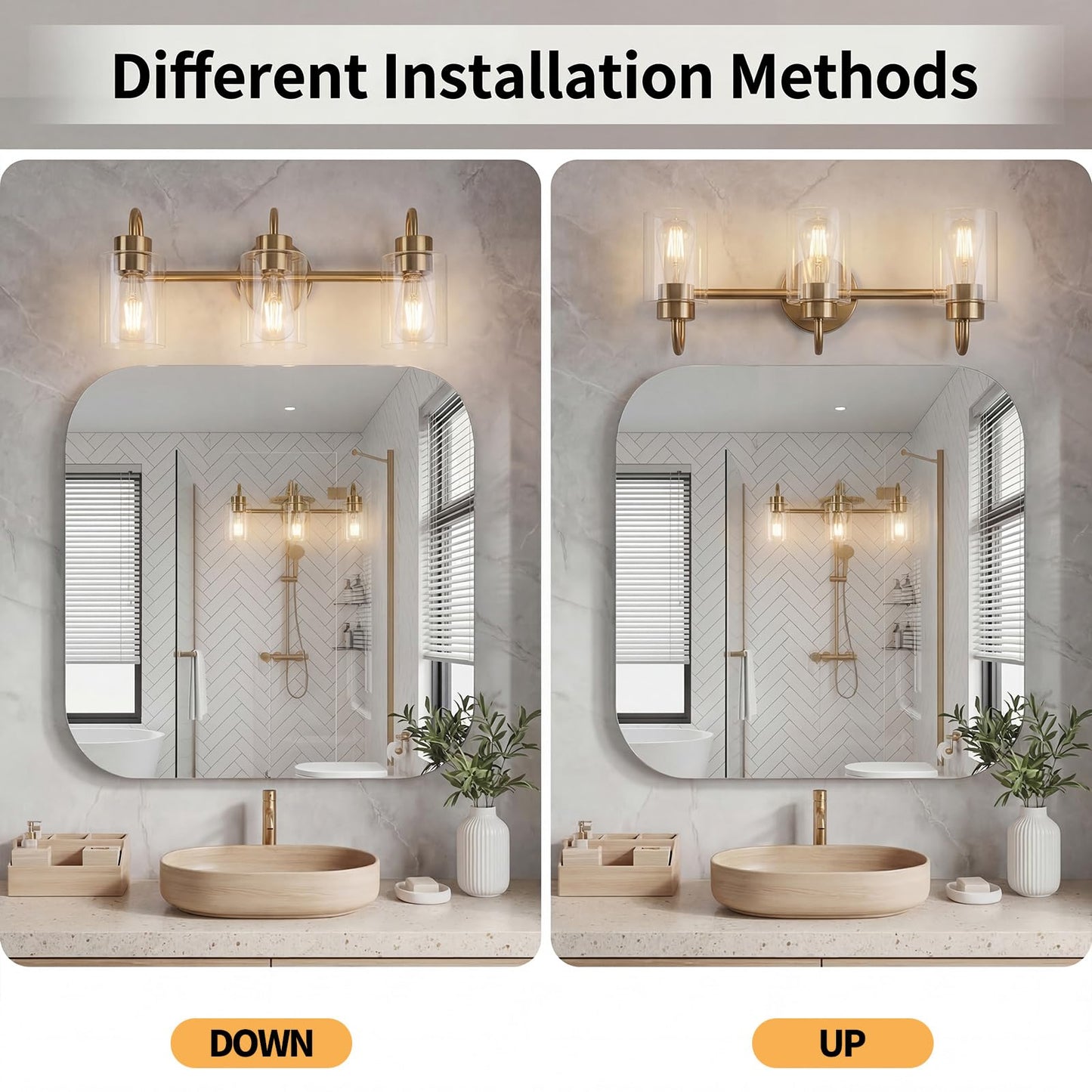 3-Light Bathroom Vanity , Gold Brass Bathroom Fixtures with Clear Glass Shades, Modern Wall Sconce Lighting Over Mirror, E26 Base, Non-Waterproof VART-3-GD（Bulbs Not Included,）